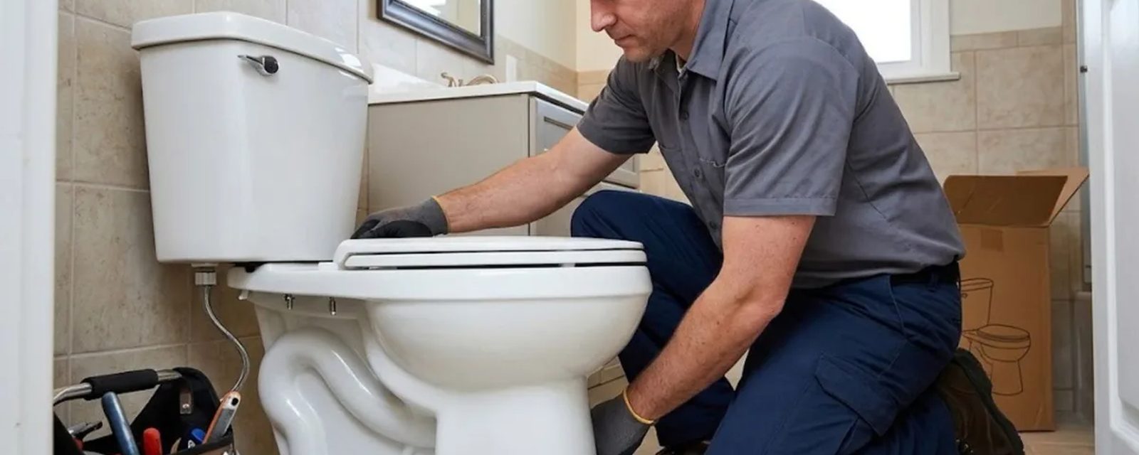 Plumber kneeling to repair a toilet in a bathroom