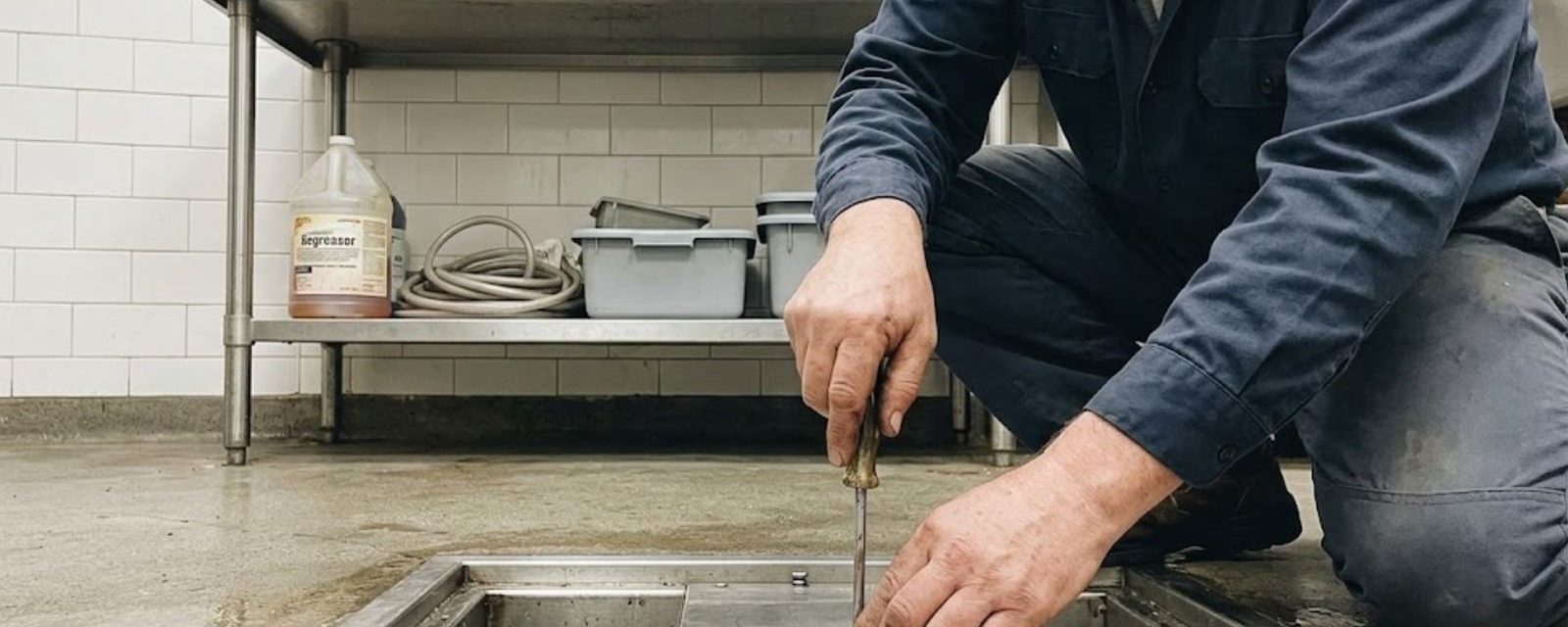 Plumber servicing a floor drain in a commercial kitchen