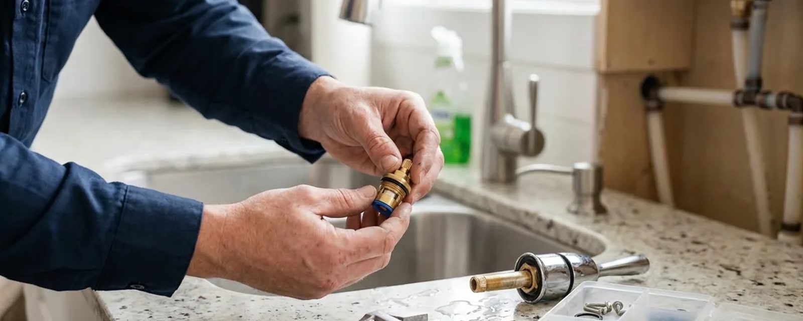 Hands replacing a faucet cartridge at a kitchen sink