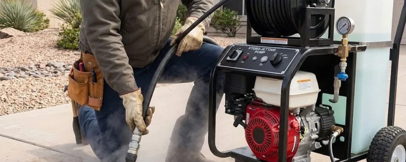 Plumber feeding a hydro jetting hose from a pressure unit into a cleanout