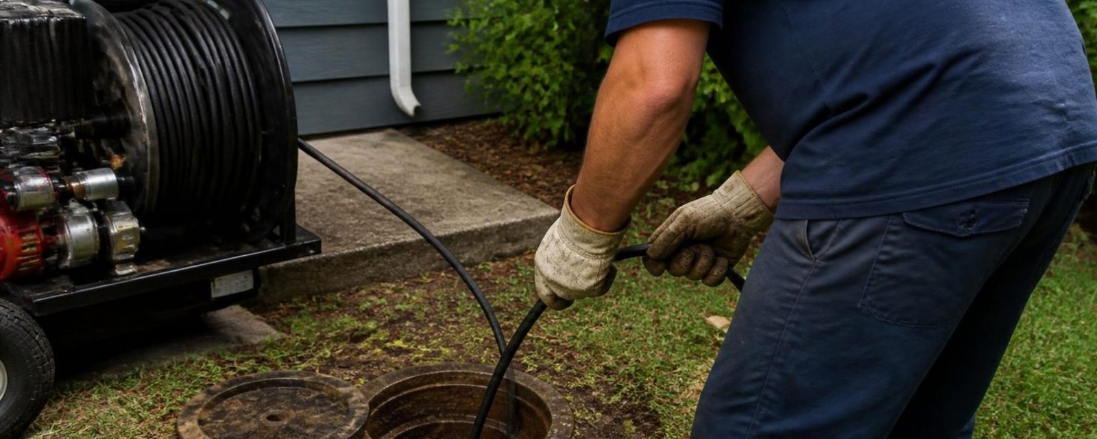 Plumber feeding a drain cable from a reel into a yard cleanout