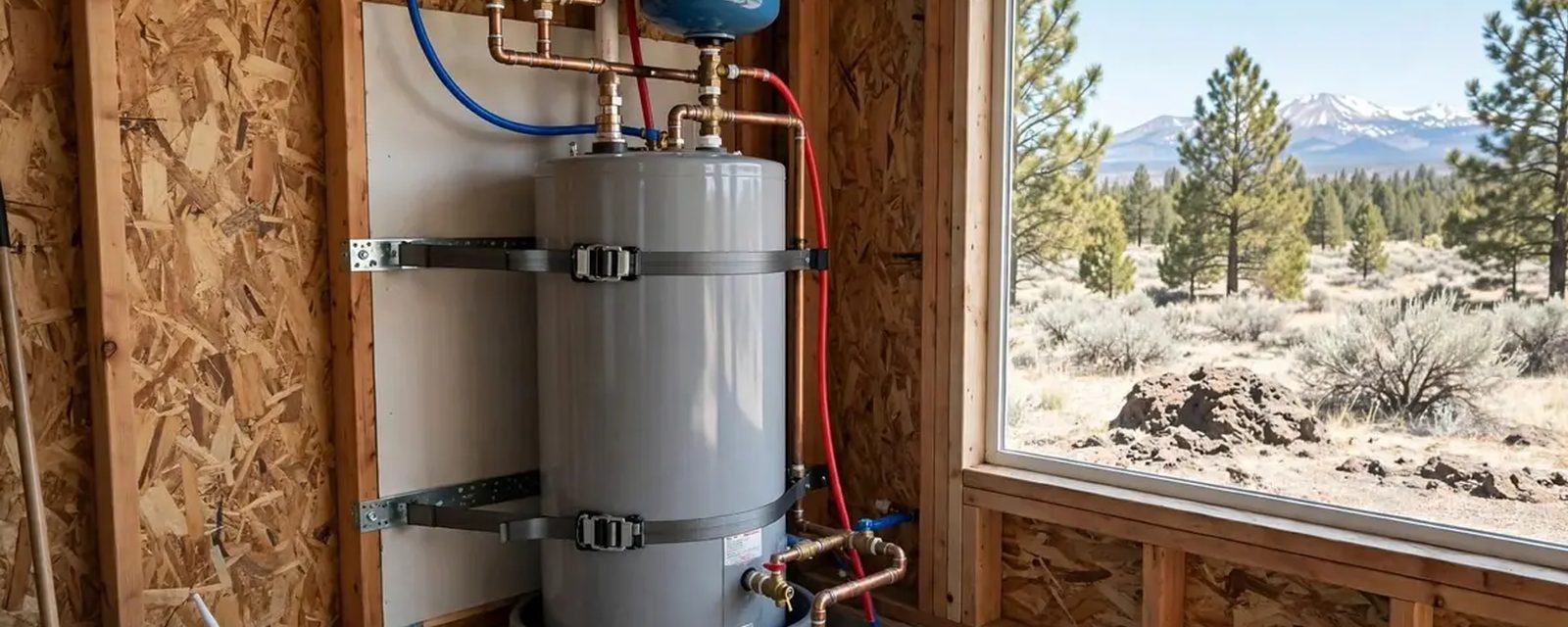 Strapped tank water heater set up beside a window with copper supply lines