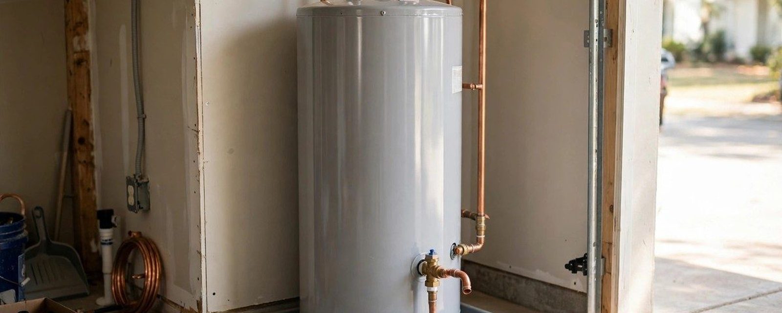 Gray tank water heater standing in a garage after installation
