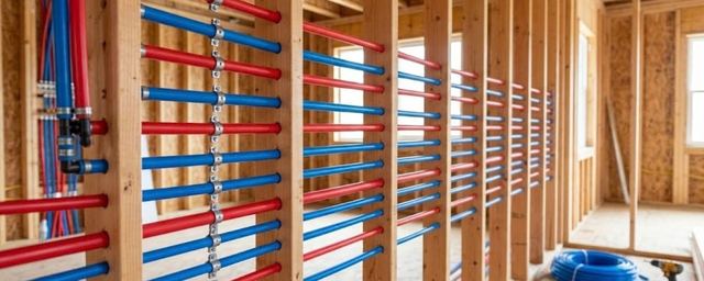 Framed wall studs fitted with new red and blue PEX supply lines