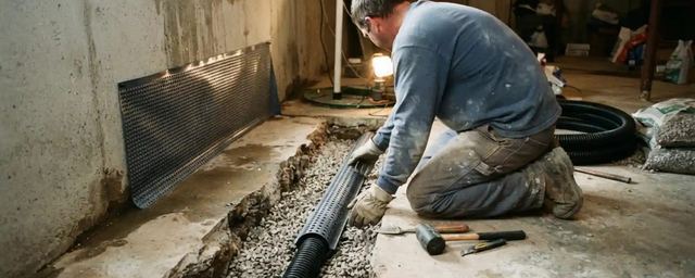 Worker laying a perimeter drain along a basement wall