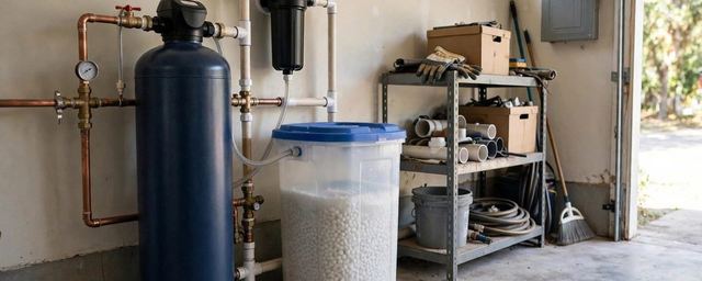 Water softener tank and brine bin installed in a garage