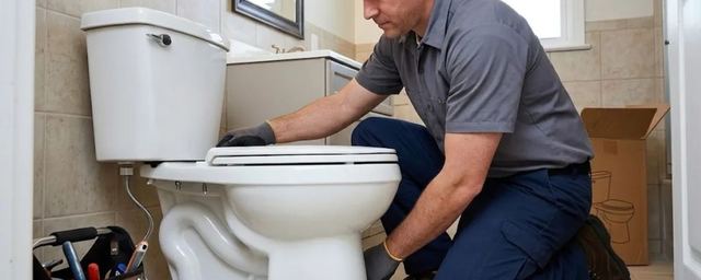 Plumber kneeling to repair a toilet in a bathroom