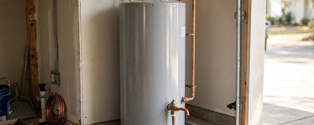 Gray tank water heater standing in a garage after installation