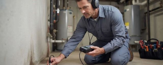 Plumber wearing headphones and using a listening device to find a hidden leak