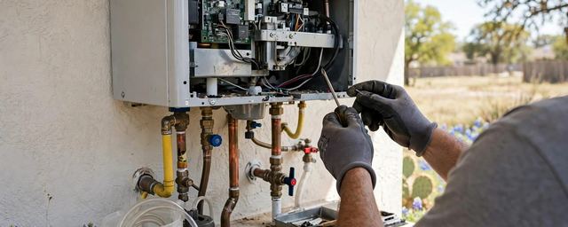 Technician working on a wall-mounted tankless water heater