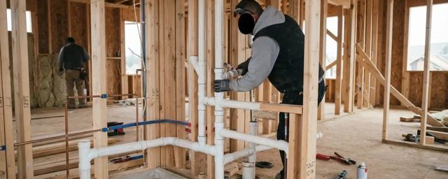 Plumber installing drain and supply piping in a framed room